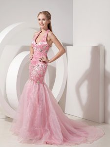 Exquisite Mermaid Halter Organza Formal Graduation Dresses in Baby Pink