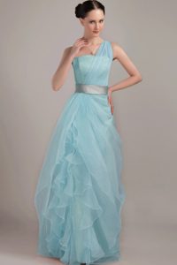 Charming One Shoulder Ruffled Aqua Blue Long Prom Dress for Graduation