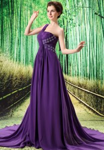Memorable Purple One Shoulder Ruched Graduation Ceremony Dress for Fall