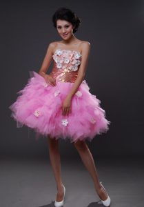 Strapless Pink Tulle Fabulous Short College Graduation Dress with Flowers