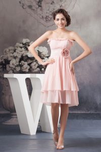 Strapless Knee-length Baby Pink Pleated Layered Graduation Dress with Flower