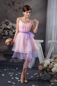 Spaghetti Straps Knee-length Pink and Lilac Ruched Graduation Dress with Sash