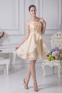 Spaghetti Straps Knee-length Champagne Organza Graduation Dress with Flowers