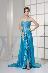 Sweetheart Blue Ruched Beaded Taffeta Graduation Dress for College
