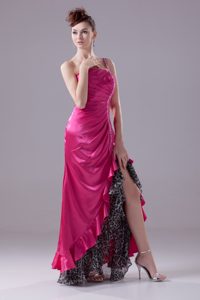 One Shoulder High-low Hot Pink Ruched Taffeta Graduation Dress with Beading