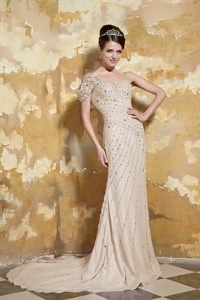 One Shoulder Champagne Chiffon Graduation Dresses with Beading