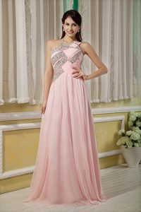 Asymmetrical Long Baby Pink Ruched Beaded Graduation Party Dresses
