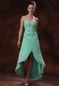 Angel Apple Green High-low Spaghetti Straps Prom Gown with Appliques