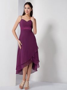 Simple Dark Purple High-low Prom Cocktail Dresses with Spaghetti Straps