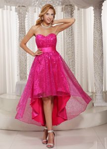 Hot Pink High-low Sweetheart Prom Party Dresses with Paillette Over Skirt