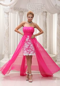 Hot Pink High-low Chiffon Strapless Pretty Prom Gown with Lace on Sale