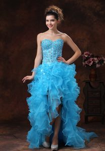 Latest High-low Aqua Blue Prom Dresses With Beaded Bodice and Ruffles