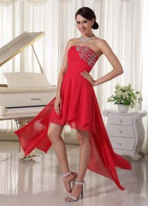 Dressy Red Chiffon High-low Strapless Prom Bridesmaid Dress with Beads