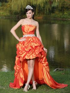 Svelte High-Low Orange Red Strapless Proms Pageant Dresses in Taffeta