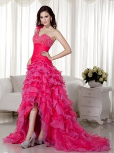 Voguish Hot Pink One Shoulder Prom Dress in Organza with Beads