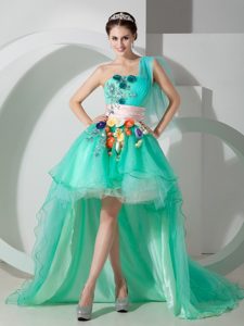 Upscale Ice Blue One Shoulder High-low Prom Dress with Colorful Flower
