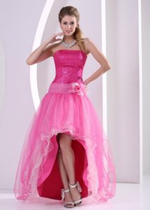 Trendy High-low Hot Pink Prom Dresses for Girl with Sequins and Flowers