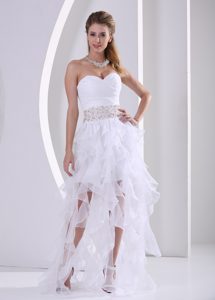 White Tony Beaded Sash Dress for Prom with Beads and Ruche in Chiffon