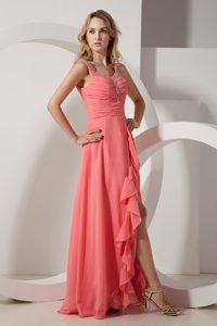 Watermelon Red Empire V-neck Chiffon Floating Prom Gown with Beading