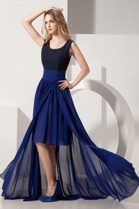Flowing Navy Blue Empire Scoop High-low Prom Party Dresses in Chiffon