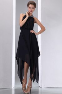 Inexpensive Halter-top Chiffon Prom Dress for Ladies with Beadings in Black