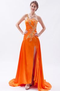 Orange One Shoulder Prom Dresses with Embroidery and High Slit in Taffeta