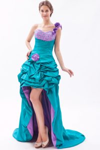 One Shoulder Beading Prom Court Dress with Pick-ups and Handle Flowers