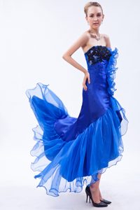 Royal Blue Strapless High-low Prom Dresswith Ruffles and Appliques