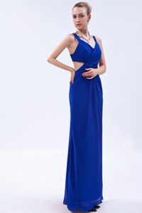 Cheap V-neck Straps Chiffon Senior Prom in Royal Blue with Ruches on Sale