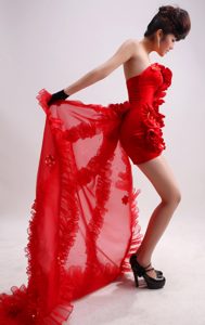 Beautiful Watteau Train Red Dress for Prom with Handle Flowers and Ruffles