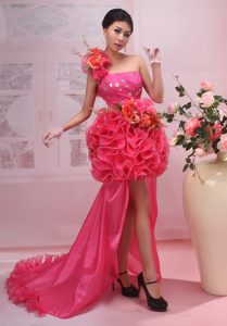 Red One Shoulder High-low Prom Pageant Dresses with Ruffles and Flowers