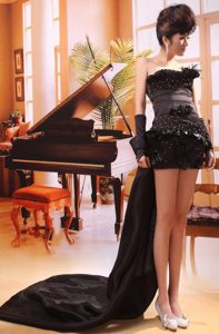 Strapless Beading Prom Theme Dresses with Hand Made Flowers in Black