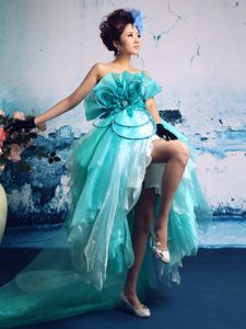 Turquoise High-low Prom Holiday Dress in Organza with Hand Made Flowers