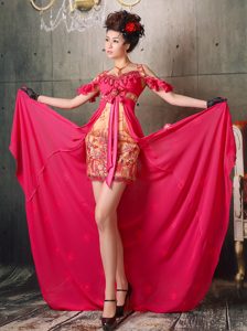 Cool Neckline Ruffled Senior Prom with Embroidery in Gold and Coral Red