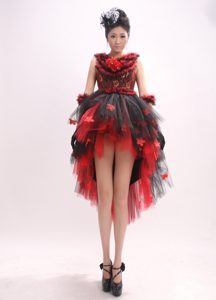 Amazing Red and Black V-neck Prom Pageant Dress with Hand Made Flowers