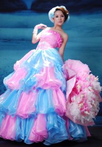 New Pink and Aqua Blue Prom Theme Dresses with Ruffled Layers in organza