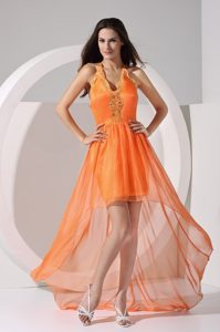 Pretty Halter-top Orange Prom Holiday Dress with Embroidery and Backless