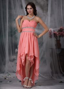Watermelon Red Sweetheart Prom Attire with Beadings and Ruches in Chiffon