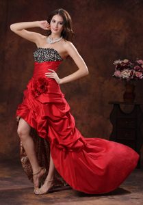 Red Leopard High-low Beaded 2013 Junior Prom with Flowers and Pick-ups