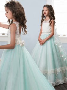 Brush Train A-line Little Girls Pageant Dress Wholesale Apple Green Scoop Tulle Sleeveless Backless