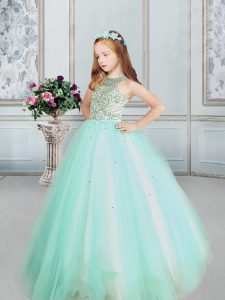 Scoop Tulle Sleeveless Floor Length Little Girls Pageant Dress Wholesale and Beading
