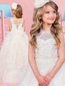 Scoop White Ball Gowns Appliques and Bowknot Flower Girl Dress Lace Up Tulle Sleeveless With Train