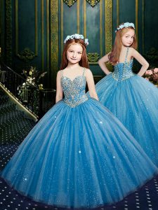Graceful Square Sleeveless Kids Pageant Dress Floor Length Beading and Sequins Baby Blue Tulle