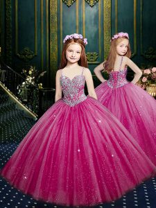 Simple Beading and Sequins Little Girl Pageant Gowns Fuchsia Lace Up Sleeveless Floor Length