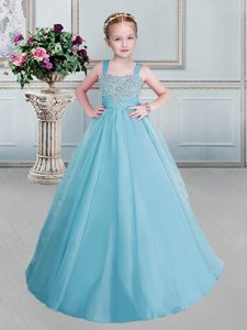 Deluxe Aqua Blue Lace Up Straps Beading Pageant Gowns For Girls Organza Sleeveless