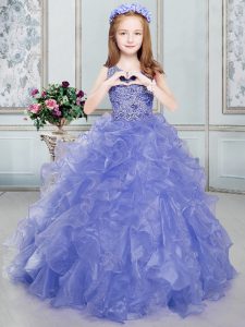 High End Ball Gowns Girls Pageant Dresses Blue Scoop Organza Sleeveless Floor Length Lace Up