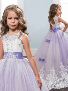 Exceptional Lavender Ball Gowns Tulle Scoop Sleeveless Beading and Appliques and Bowknot With Train Lace Up Pageant Dres