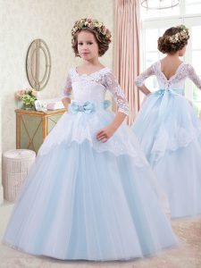 Scoop Light Blue Half Sleeves Floor Length Lace and Bowknot Lace Up Little Girl Pageant Gowns