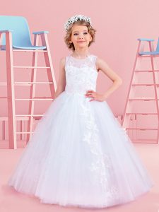 Custom Design Scoop White Tulle Lace Up Flower Girl Dresses Sleeveless Floor Length Appliques