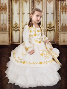 Elegant White Ball Gowns Organza and Taffeta Spaghetti Straps Sleeveless Embroidery and Ruffled Layers Floor Length Lace